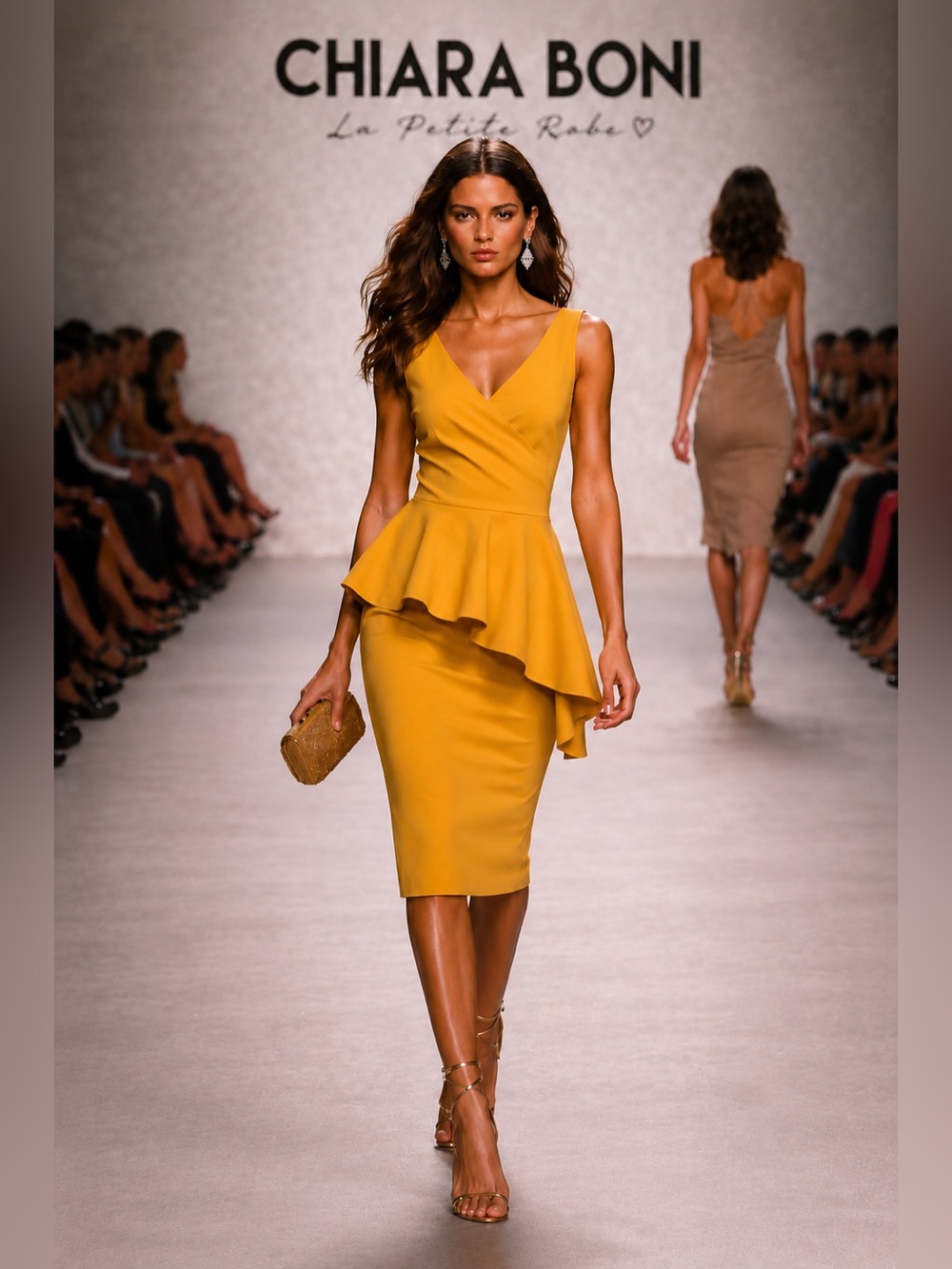 NWT Chiara Boni Mustard Peplum Sheath Dress US Sz 4 IT Sz 40 Elegant Luxe